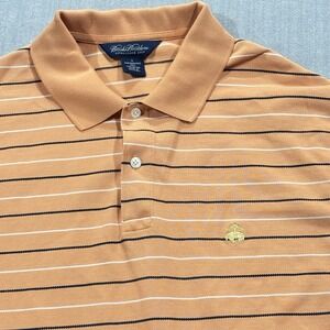 Brooks Brothers Polo Shirt‎ Mens Large Orange Striped Performance Knit Cotton